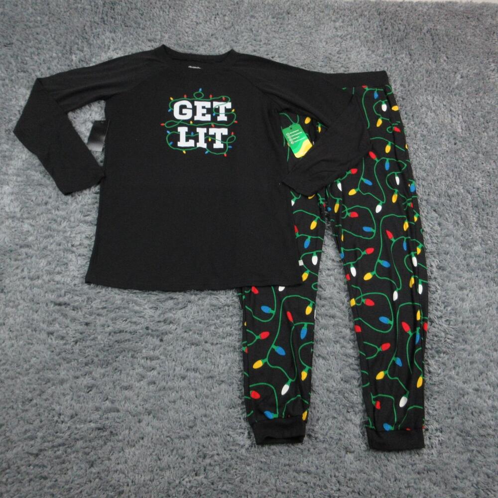 Tipsy Elves Pajama Set Womens L Black Get Lit Light Bulb Print Christmas NWT